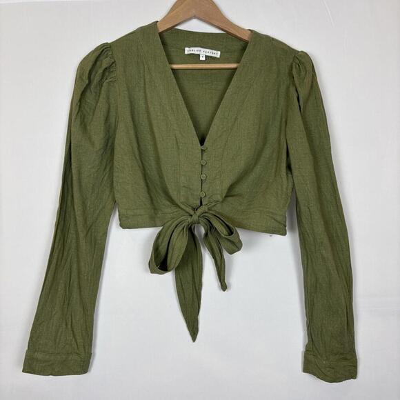 English Factory Khaki Green Long Sleeve Button Down Tie Front Crop Top Size: S - Picture 2 of 6
